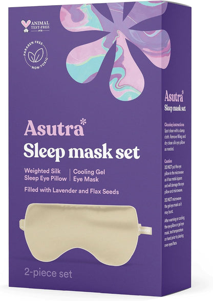 ASUTRA Silk Eye Pillow for Sleep, Black - Filled w/Lavender Buds & Flax Seeds, Weighted Eye Mask, Meditation & Light Blocking Blindfold, Cooling Gel Mask Included