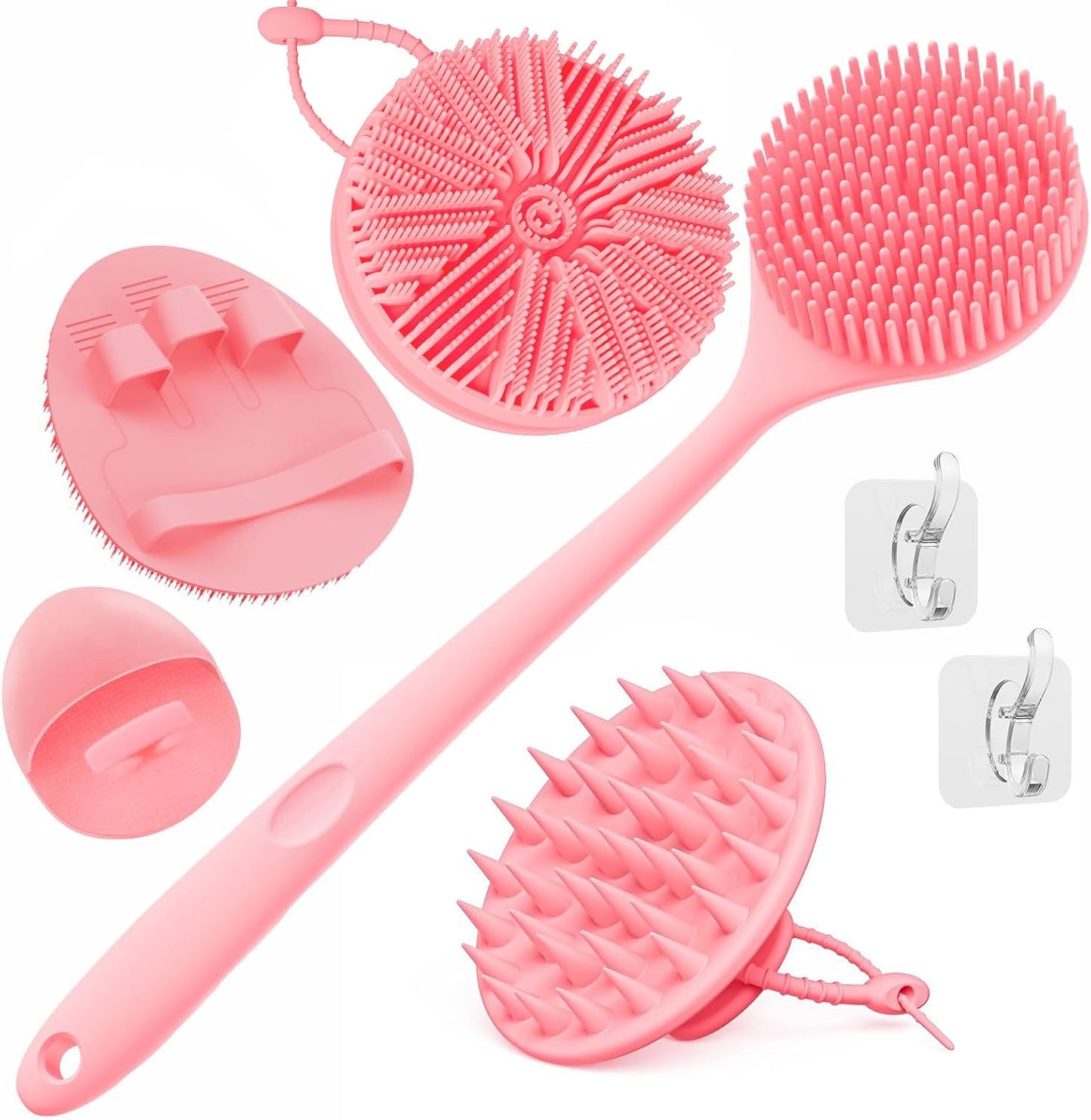 Manmihealth Silicone Back Scrubber & Soft Bath Glove, Silicone Scalp Massager Set 5 PCS, Super-Exfoliating Body Scrubber Shower Brush & Shampoo Brush Combination, with 2 Free Hooks (Style 1 Black)