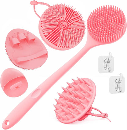 Manmihealth Silicone Back Scrubber & Soft Bath Glove, Silicone Scalp Massager Set 5 PCS, Super-Exfoliating Body Scrubber Shower Brush & Shampoo Brush Combination, with 2 Free Hooks (Style 1 Black)