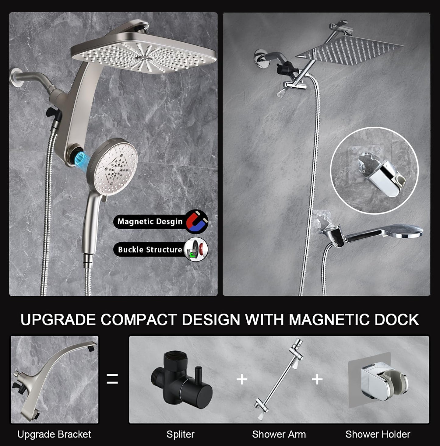 BOZYBO Rain Shower Head with Handheld: High Pressure Shower Heads with Handheld Spray Combo, 12" Rainfall Shower Head and 9 Sprays Hand Showerheads with Magnetic Docking and Power Jets, Black 1.75GPM