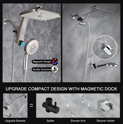 BOZYBO Rain Shower Head with Handheld: High Pressure Shower Heads with Handheld Spray Combo, 12" Rainfall Shower Head and 9 Sprays Hand Showerheads with Magnetic Docking and Power Jets, Black 1.75GPM