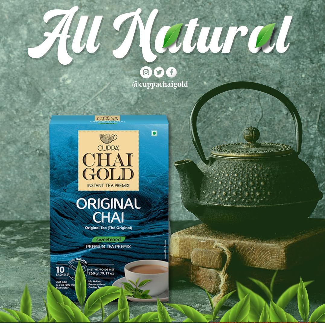 Cuppa Chai Gold Original Chai Instant Tea Premix Sweetened, Classic Chai Tea Beverage Mix, Rich Authentic Flavor, Smooth Creamy Taste, Just Add Hot Water, Single-Serve Sachets for Home, Office & Travel, Pack of 1 (10 Count)