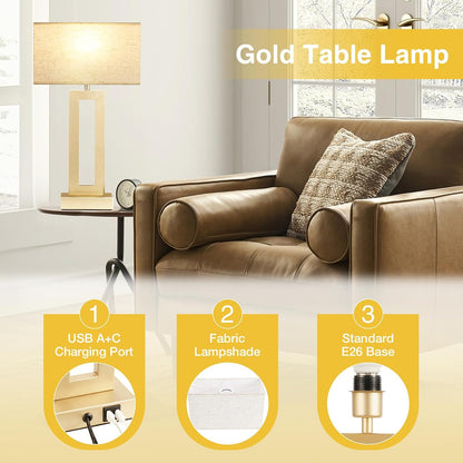 Gold Table Lamps Set of 2, 16.4" Bedside Lamps for Nightstand with USB C+A