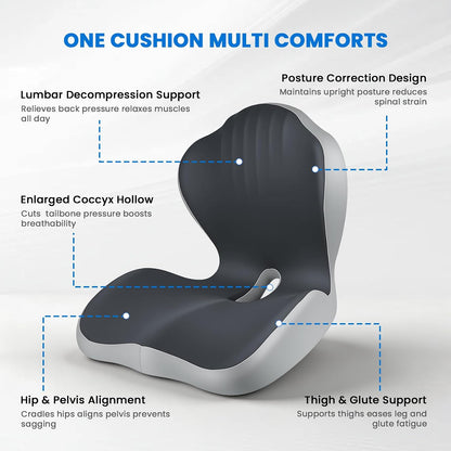 Ergonomic Seat Cushion for Tailbone Sciatica Lower Back Pain Relief, Gray L-Shaped Seashell Memory Foam Coccyx Hollow Cushion, 2-in-1 Lumbar Back Support Pillow for Office Gaming Car Chair