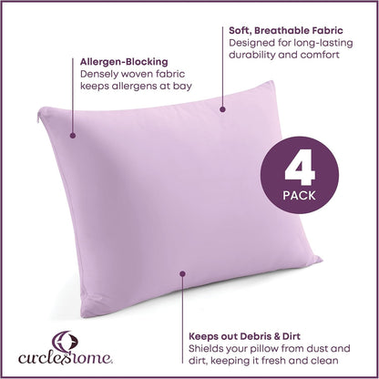 CirclesHome Pillow Protectors 4 Pack Standard Zippered - 100% Cotton Breathable Pillowcases - Protects Pillows from Dirt, Dust and Debri (Standard - Set of 4 - 20x26)
