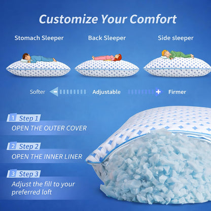 King Size Pillows Set of 2 for Sleeping, Cooling Adjustable Memory Foam Pillows, Dual Fill Design Helps Maintain Shape, Breathable Washable Cover