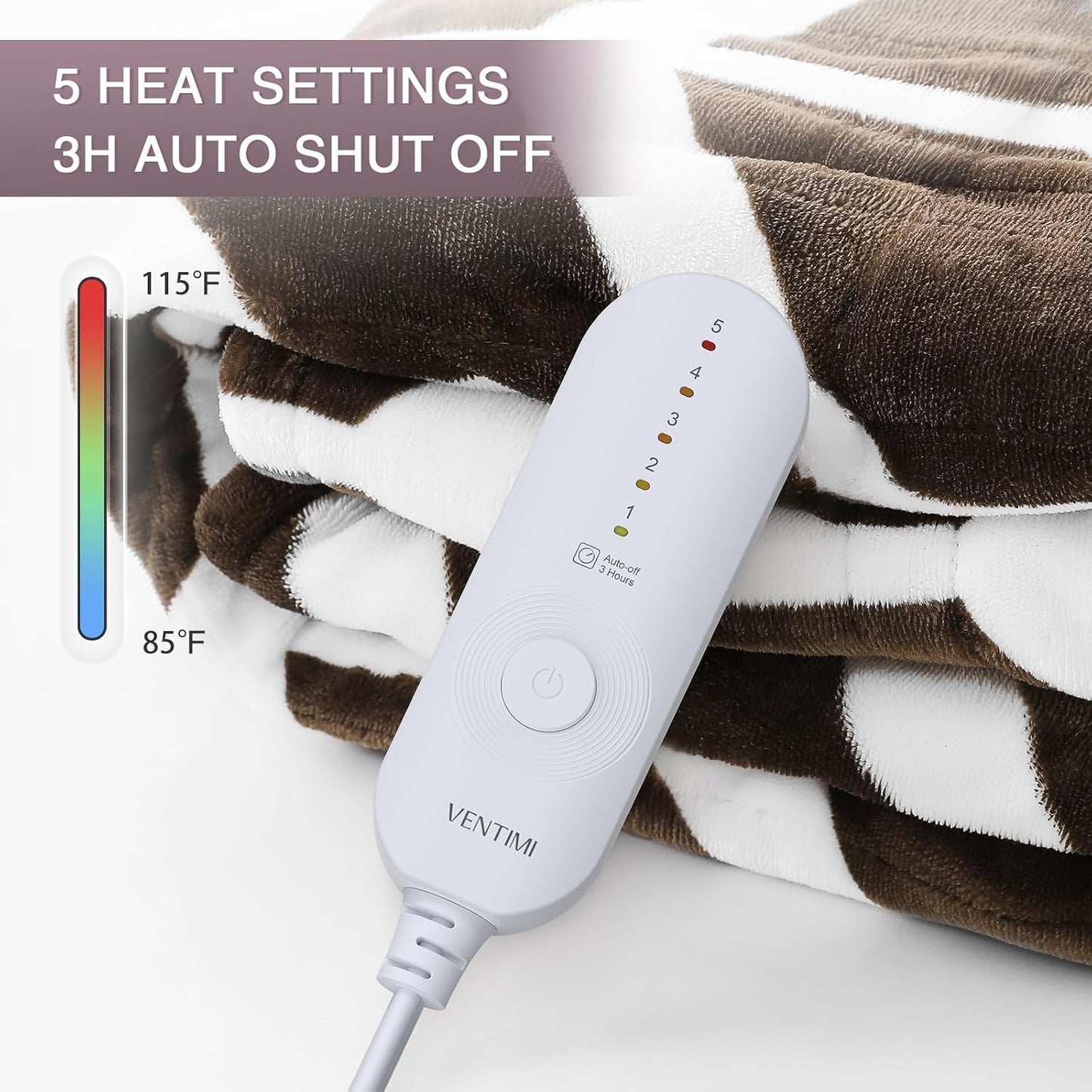 VENTIMI Electric Blanket Heated Throw, 50" x 60" Heated Blanket with 5 Heat Levels & 3 Hours Auto Off, Fast Heating Blankets with ETL & FCC Certification, Grey