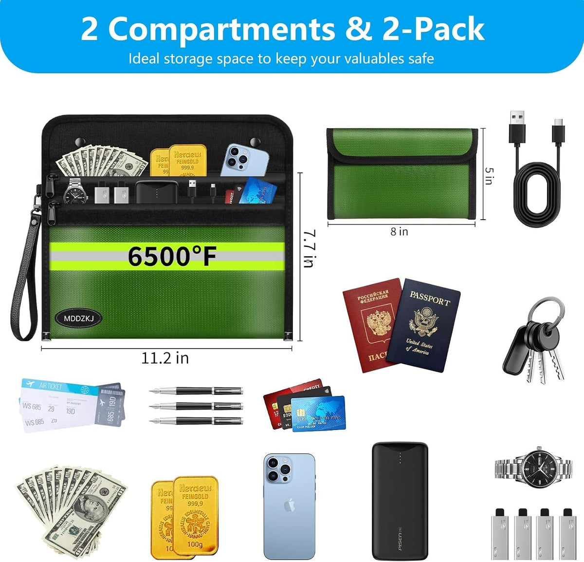 6500℉ Upgraded Fireproof Cash Bag (11.2x7.7 inch) with 2 Pockets,Small Fireproof Safe with 2 Zipper,Storage Cash,Legal Documents Safe,10 Layers of Heat Insulated Materials(2 Pack)