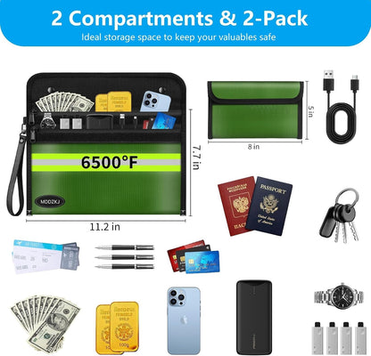 6500℉ Upgraded Fireproof Cash Bag (11.2x7.7 inch) with 2 Pockets,Small Fireproof Safe with 2 Zipper,Storage Cash,Legal Documents Safe,10 Layers of Heat Insulated Materials(2 Pack)
