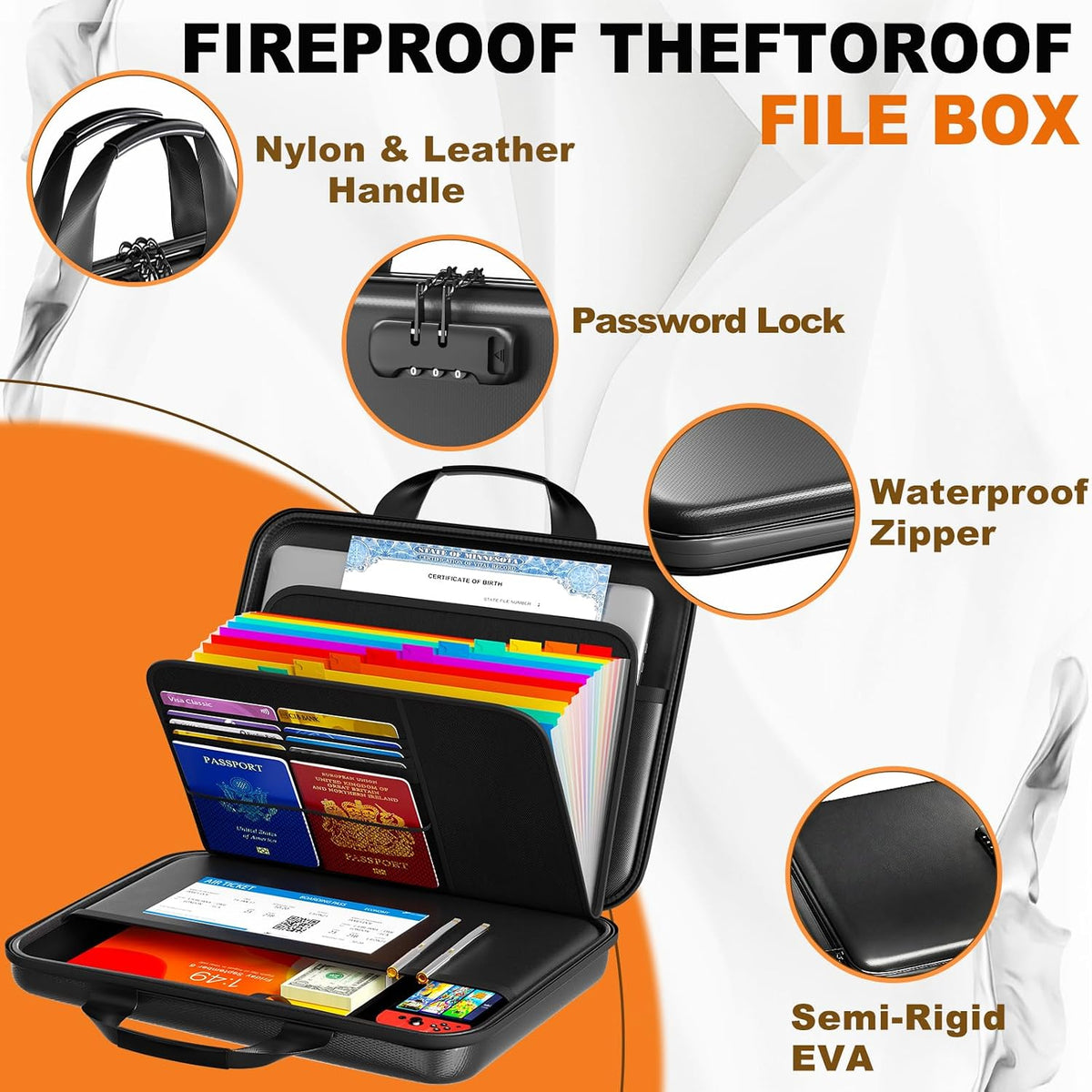 Fireproof Document Organizer with Lock, Semi-Rigid EVA Shell File Box with 13-Pocket Accordion Folder, Water-Resistant Storage for Important Documents, Passports & Certificates