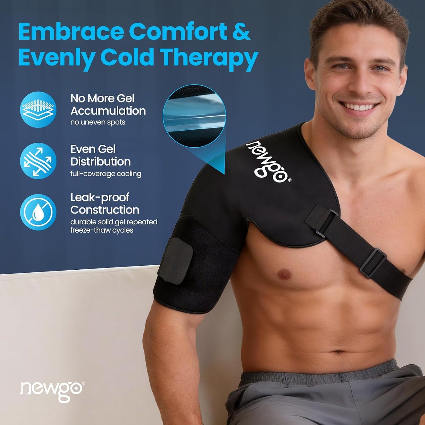 NEWGO Shoulder Ice Pack Rotator Cuff Cold Therapy, 45-Min Long-Lasting Ice Packs for Shoulder & Arm with Ice Grid Design, Flexible Cold Compression Wrap for Post-Surgery, Muscle Relaxation & Swelling