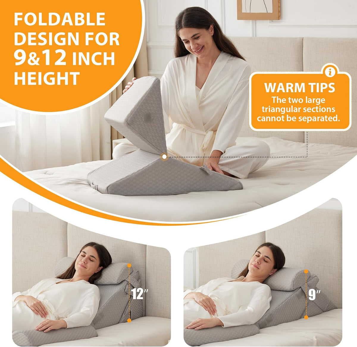 Ruqmuis Wedge Pillow Set for After Surgery, 3PCS Adjustable 9&12 Inch Bed Wedge Pillow for Sleeping, Incline Pillow Wedge for Headboard, Post Surgery, Acid Reflux, Neck&Back Support, White/Grey