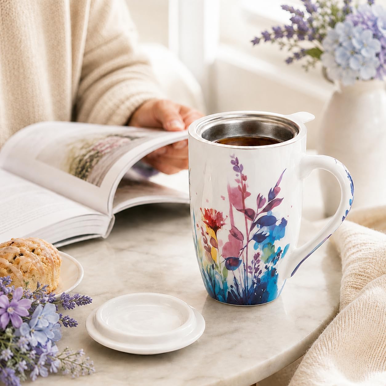 AmorArc 18oz Porcelain Tea Mug with Infuser & Lid, Loose Leaf Tea Cup with Stainless Steel Strainer, Large Coffee Mug Gift for Women, Tea Lovers, Home & Office