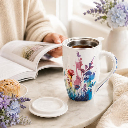 AmorArc 18oz Porcelain Tea Mug with Infuser & Lid, Loose Leaf Tea Cup with Stainless Steel Strainer, Large Coffee Mug Gift for Women, Tea Lovers, Home & Office