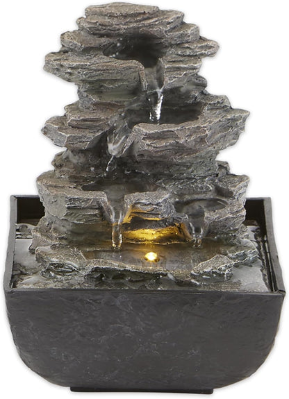 Zingz & Thingz Zen Collection Resin Tabletop LED Water Fountain, Four-Tier, 9.5x9.5x10