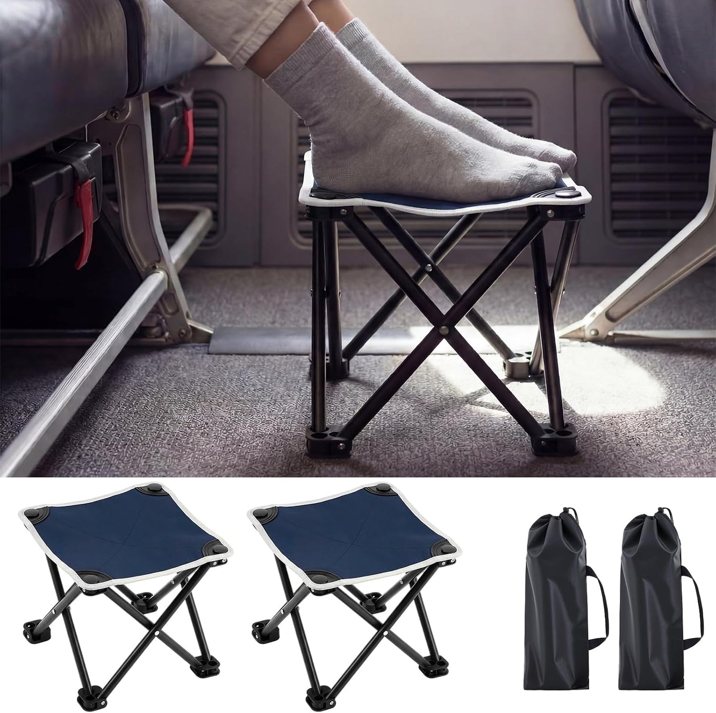 Ripeng 4 Pcs Portable Airplane Travel Foot Rest, Folding Camping Stool, Under Desk Foot Rest at Work for Long Flight, Home and Office Outdoor Hiking Fishing with Carry Bag (Black)