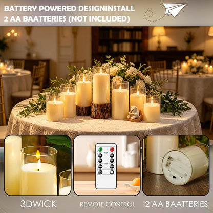 kakoya Flickering Flameless Candles Battery Operated with Remote and 2/4/6/8 H Timer Acrylic Led Pillar Candles Pack of 9 (appr D2.3"xH5.5"6.5"7.5")with Realistic 3D Wick Candles for Home Decor(White)