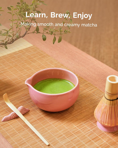 Maestri House Matcha Whisk Set, 7-Pc Complete Matcha Kit with Spouted Ceramic Bowl, Bamboo Whisk and Holder, Scoop, Spoon Rest & Sifter, Tea Cloth – Ideal Gift for Matcha Lovers (Black Stone)