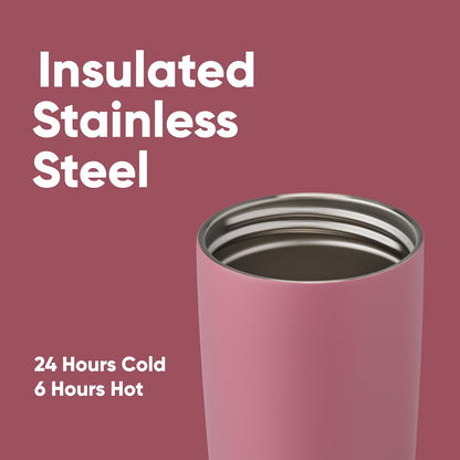 Owala SmoothSip Slider Insulated Stainless Steel Coffee Tumbler, Reusable Iced Coffee Cup, Hot Coffee Travel Mug, BPA Free 12 oz, Pink (Pucker Up)
