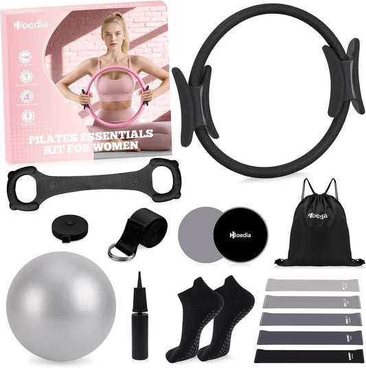 Hoedia Pilates Kit for Women, Pilates Equipment Ring and Ball Set with Resistance Bands, Yoga Strap, Core Sliders, Socks, Bag & Guide for Starter Home Workout Fitness Gym Essentials