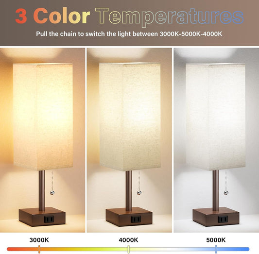 Bedside Table Lamps for Bedroom Set of 2 - Small Rectangular Nightstand Lamp with AC Outlet Charging Port, 3 Color Temperatures Desk Light with Bulb, Tabletop Reading Lamp for Living Room/Dorm/Office