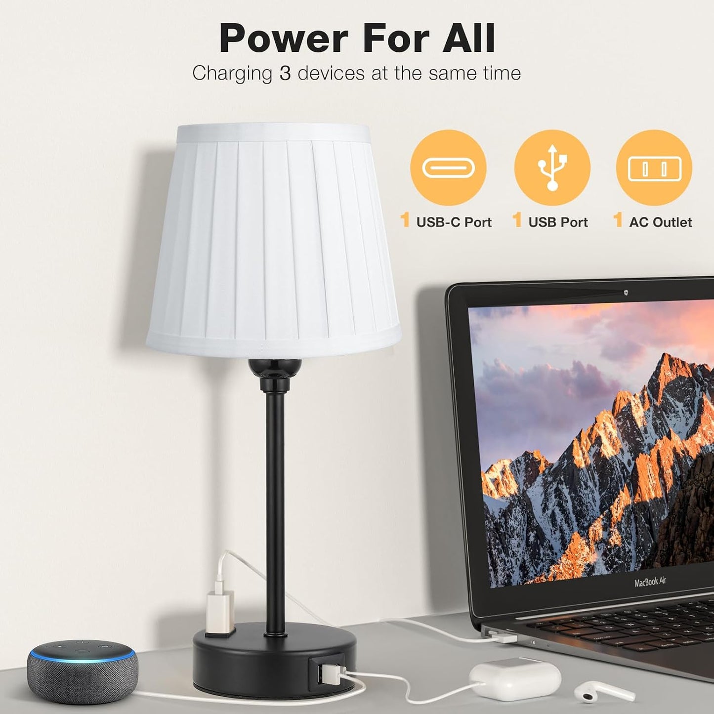 Mini Bedside Lamps for Bedrooms Set of 2 - Nightstand Bedroom Lamps with USB C Port and AC Outlet Charging, Dimmable Touch Small Bed Side Table Lamp, Black Night Stand Light for Kids/Guest Room