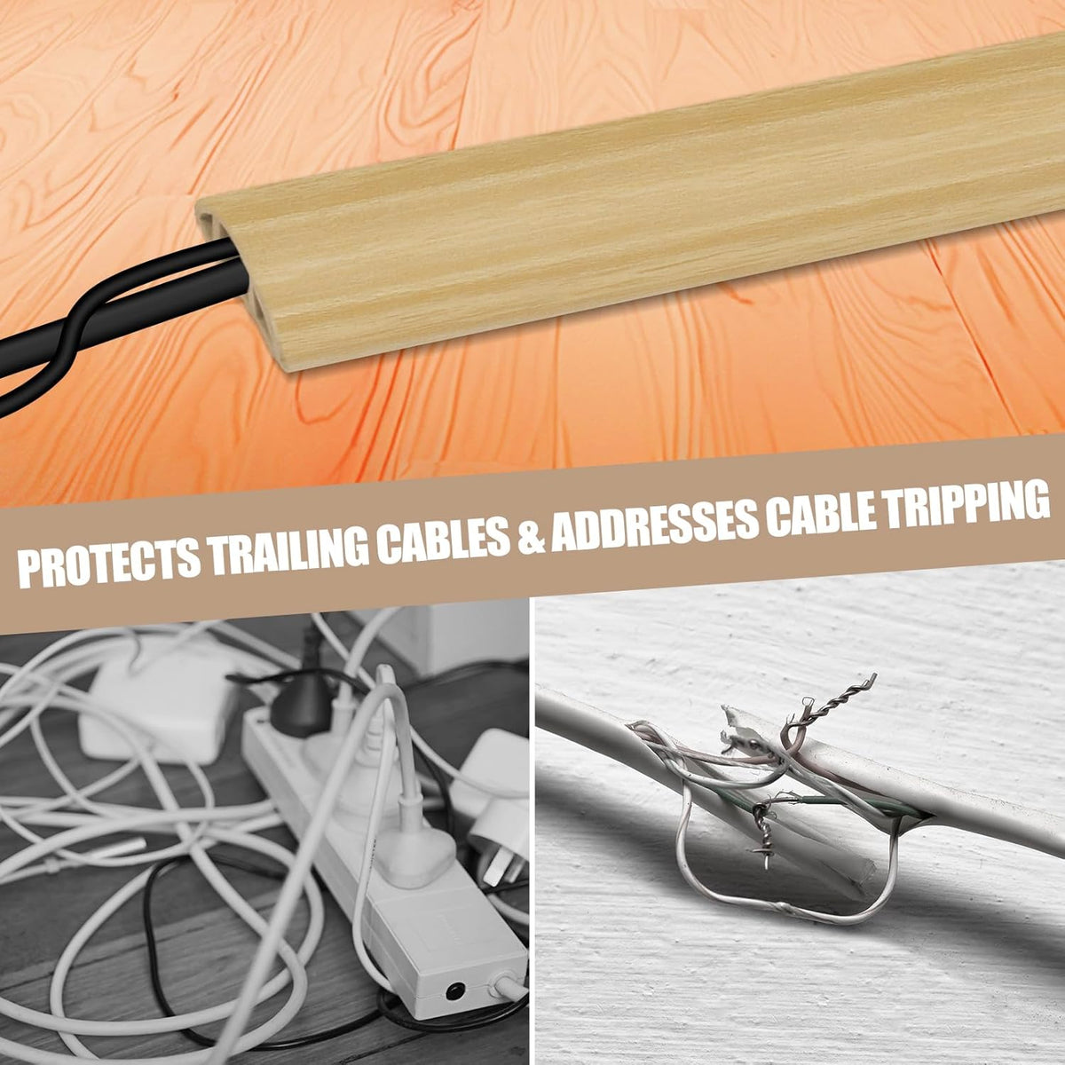 Floor Cord Cover Self Adhesive Cord Hider,10FT Cable Management, Extension Strip Protector for Wires, Prevent Cable Trips for Offices, Gyms, Exhibitions Cavity 0.39"(W) x 0.27"(H) BrownWood