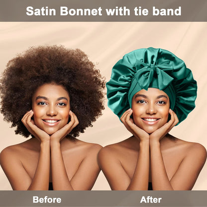 2Pcs Silk Hair Satin Bonnet for Sleeping Women,Large Satin Sleep Bonnets for Women with Elastic Tie Band Silk Hair Wrap with Ajustable Straps,Night Sleep Cap for Curly Braids,Black+Rose Gold