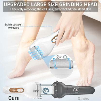 Electric Callus Remover for Feet,Professional Pedicure Kit Rechargeable Foot File Hard Skin Remover for Cracked Heels &Dead Skin,with 3 Roller Heads 2 Speed(White N9)