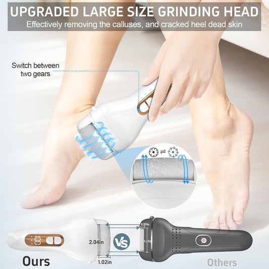 Electric Callus Remover for Feet,Professional Pedicure Kit Rechargeable Foot File Hard Skin Remover for Cracked Heels &Dead Skin,with 3 Roller Heads 2 Speed(White N9)