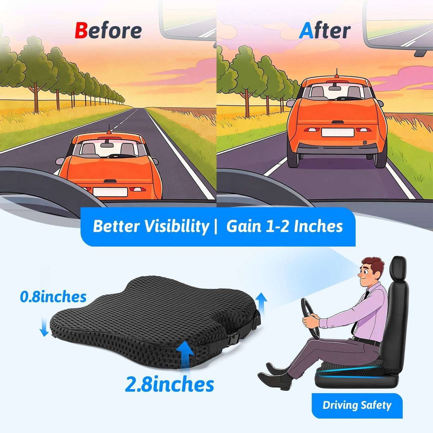 Wedge Car Seat Cushion for Better Visibility & Sciatica Pain Relief - High Density Memory Foam, Non-Slip Ergonomic Car Seat Cushion for Driving, Universal Fit for Car, SUV,Truck & Tractor