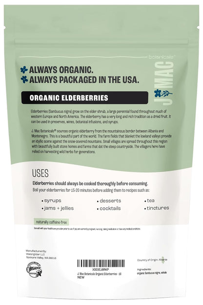J Mac Botanicals Certified USDA - 100% Organic Dried Elderberries - 1lb Bulk - Non-Irradiated, Non-GMO, Whole Black Elderberry Immune Support - Raw Vegan Sambucus 1 Pound