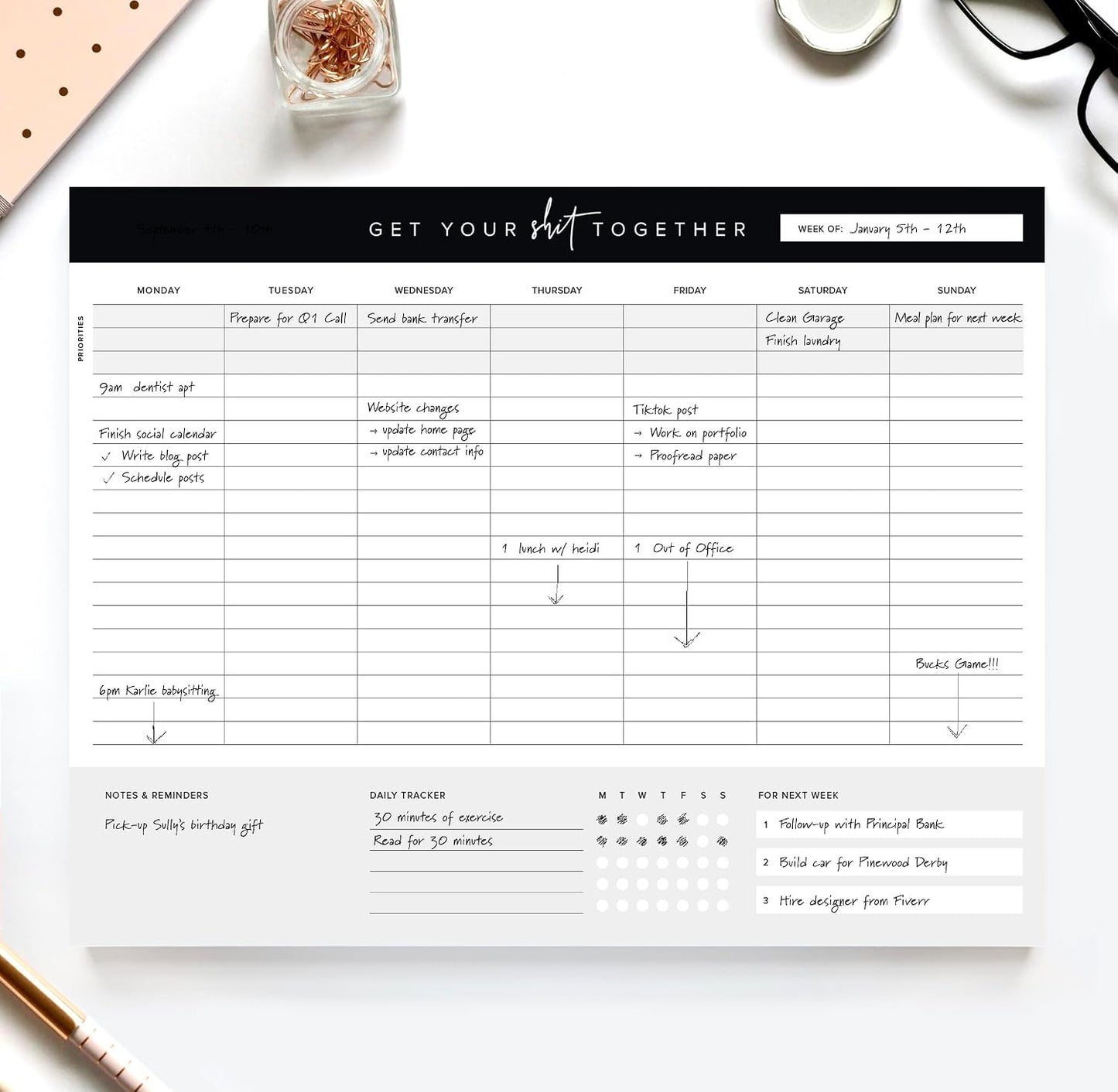 ThreeKin Weekly Planner - Premium 52-Sheet Tear-Off Notepad, 8.5 x 11 inches, Clean Colorful Design, Perfect for Work, School, Projects, and Entrepreneurs, Female & USA Owned Business