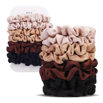 Satin Scrunchies for Women – 8PCS Blush & Brown Silk Hair Ties Set – No Crease, Frizz-Free, Gentle Elastic Hair Bands, Soft & Stylish Everyday Hair Accessories Gifts