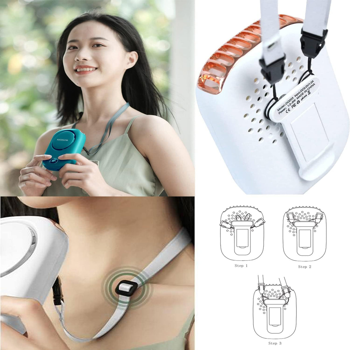 AOCOOLFAN Portable Neck Fan, Mini Small Personal Handheld Fan USB Rechargeable 3 Speed for Girls Boys Woman Eyelash Travel Home Office Outdoor (White)