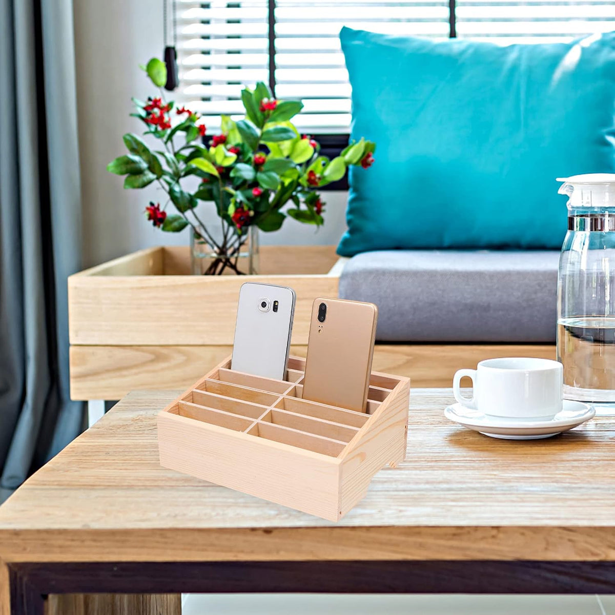 SEWACC Wooden Cell Phone Storage Box Holder Desktop Organizer 12 Grids Office Classroom Home Mobile Phone Storage Box