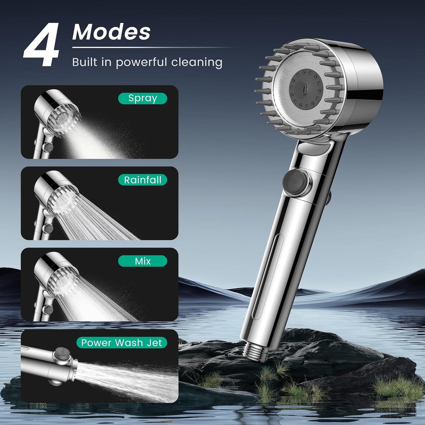 Filtered Shower Head with Handheld with 4PCS Filters, High Pressure 4 Spray Modes Shower heads with Filter, IronDrops Water Softener Filter for Hard Water 70" Hose (Chrome)