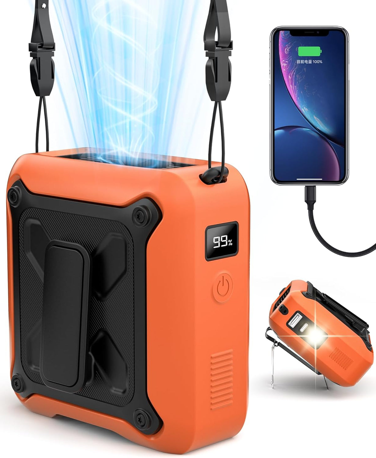 Portable Waist Fan Clip on Belt Under Shirt w/LED Display & Flashlight, 8000mAh Battery Powered, Rechargeable 5-Speed 14600RPM Personal Cooling Fan for Construction, Warehouse, Outdoor Jobsite, Orange
