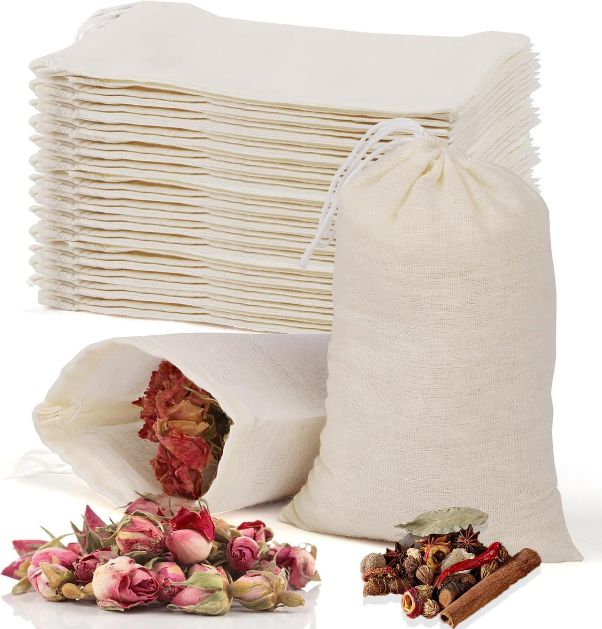 60 Pcs Spice Bags for Cooking, Muslin Reusable Tea Bag Drawstring Sachet
