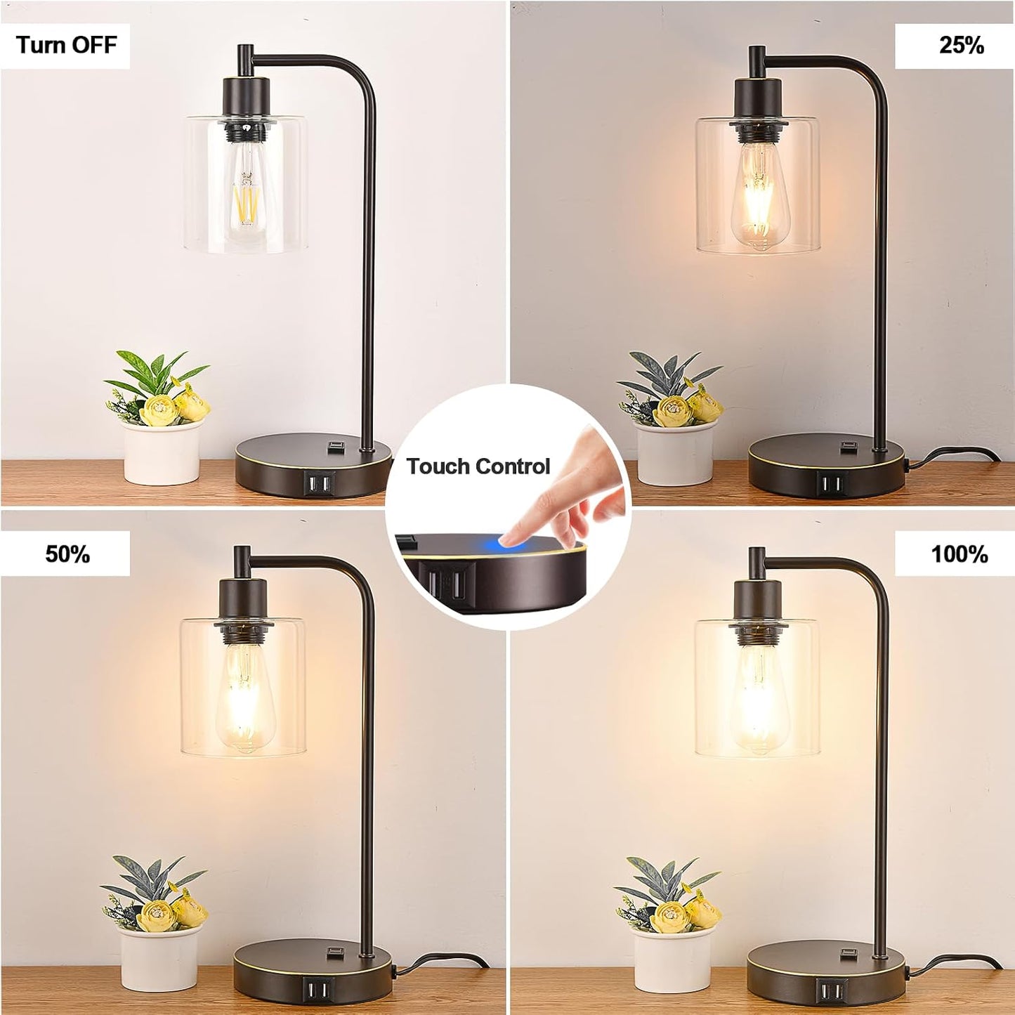 Set of 2 Industrial Touch Control Table Lamps with USB C+A Ports and AC Outlet - 3-Way Dimmable Black Bedside Lamps Nightstand Desk Lamps for Bedroom Living Room, Glass Shade & 2 LED Bulbs Included