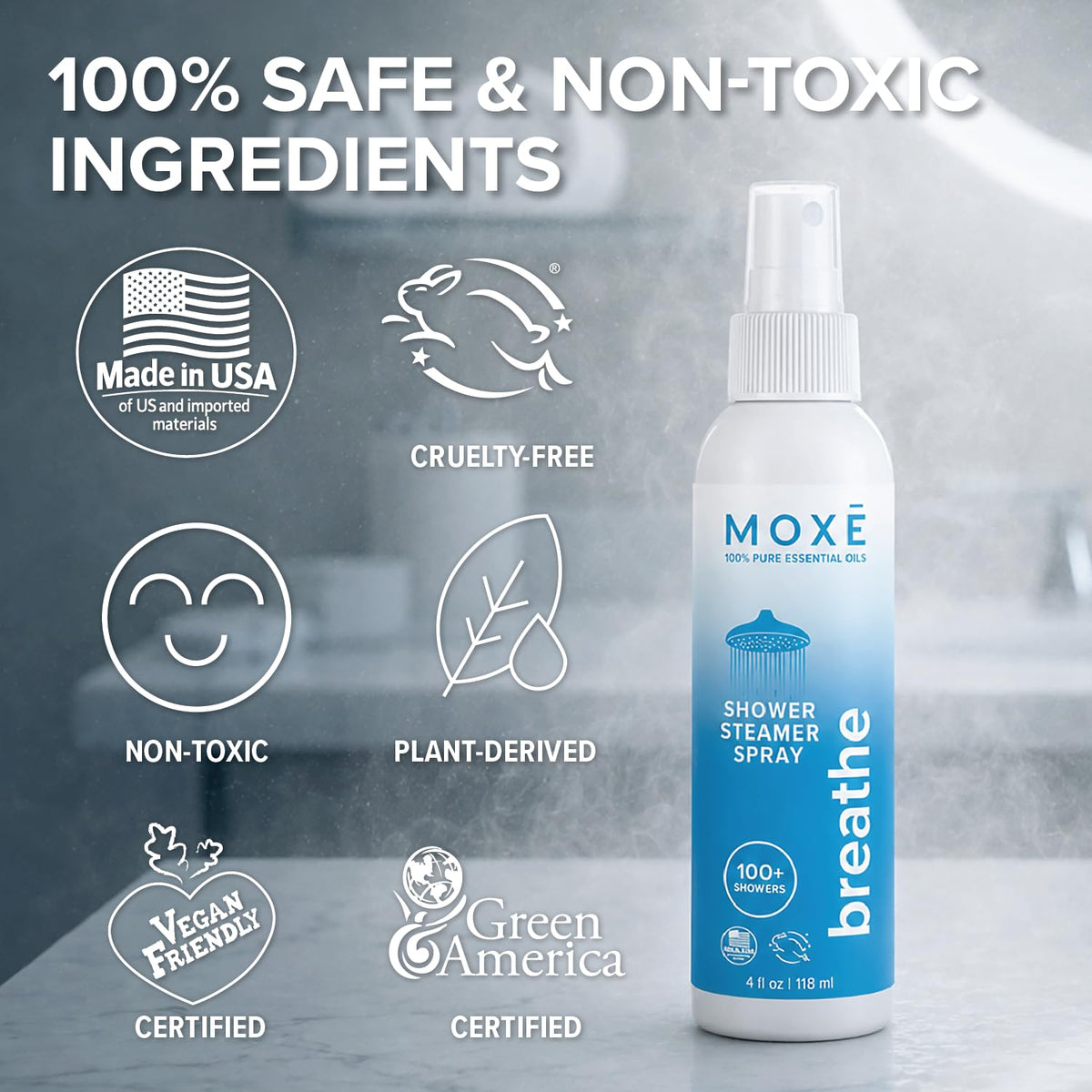 MOXĒ Eucalyptus Oil Shower Mist, Spa Steam Spray, Certified Natural 100% Essential Oils, Made in USA, Aromatherapy, Sinus Congestion Relief, Tension Relief, 4 Ounces