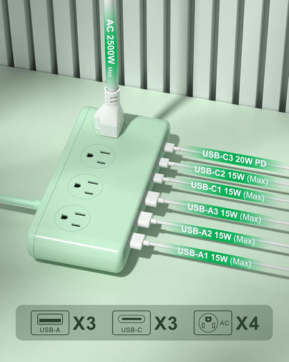 Power Strip with USB Port - 4AC & 6 USB(3USB C), Outlet Extender 5FT