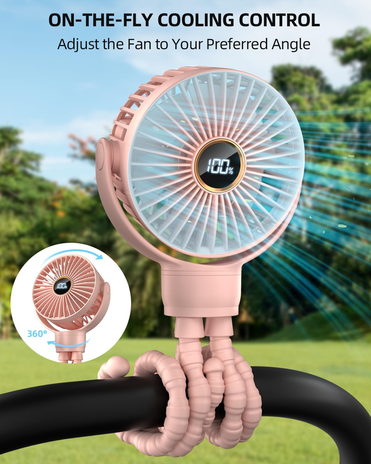 Portable Stroller Mini Fan, Small Rechargeable Personal Fan, Baby Travel Essentials for Wagon, Car Seat, Treadmill, Battery Powered Biking Gear Accessories, 360° Rotation, 3-Speed, Display, Black