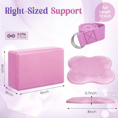 RoundFunny 5 Pcs Yoga Blocks Knee Pads Yoga Strap Set Soft Premium Foam Blocks Accessories for Pilates Meditation General Fitness Stability, Kneeling, Balance, Deepen Stretches and Toning