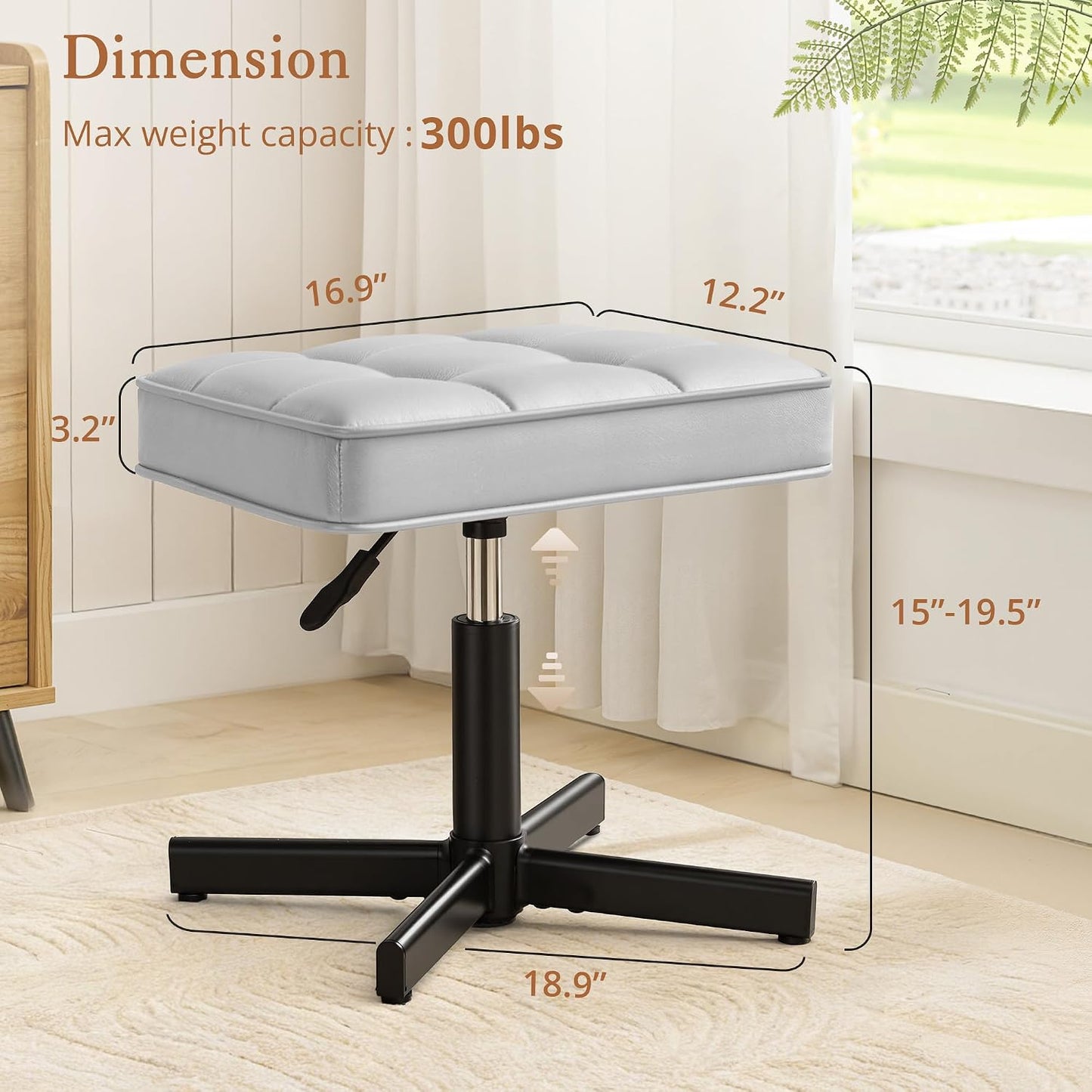 LUE BONA Adjustable Vanity Stool, Foot Rest Under Desk, 360° Swivel Vanity Chair for Makeup Room, Black Upholstered Faux Leather Ottoman for Bathroom & Living Room, 300lbs