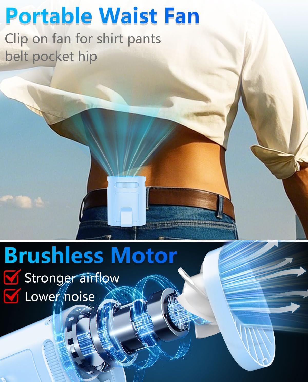 Belt Fan Clip on Waist Portable Cooling Fan-Tiny Person Waistband Necklace Fan,Recargable Under T Shirt Body Fans,Individual Menopause Neckband Lanyard Cooler Ac Blue