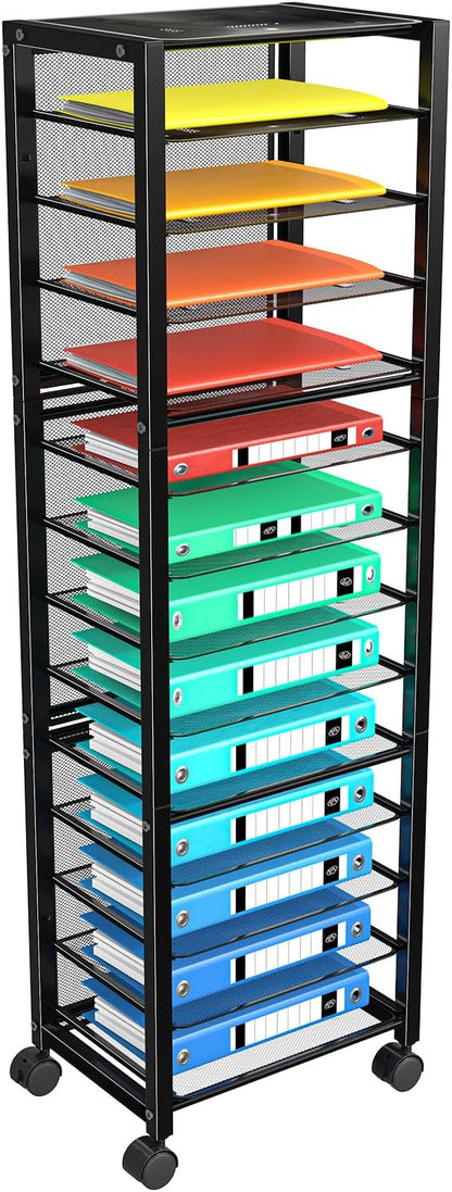 Simple Trending 12-Tier Rolling File Cart, Desk File Organizer with 11 Mesh Sliding Trays, Letter & Legal Paper Storage Rolling Utility Cart for Office Home School, Black