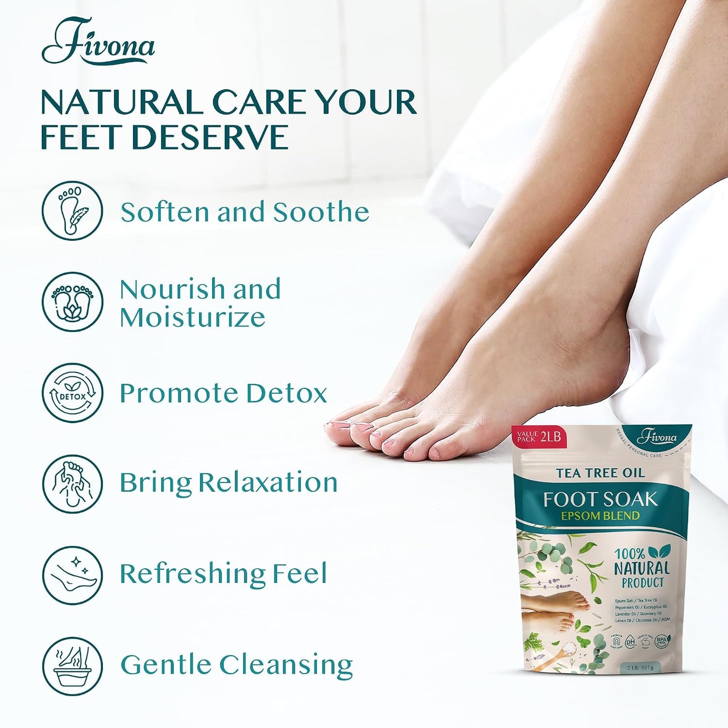 Fivona Tea Tree Foot Soak Blend 14.1 oz - Epsom Salt with Essential Oils for Healthy Toenails, Soothing Relief, Callus Softening - Pedicure Therapy for Soft, Rejuvenated Feet