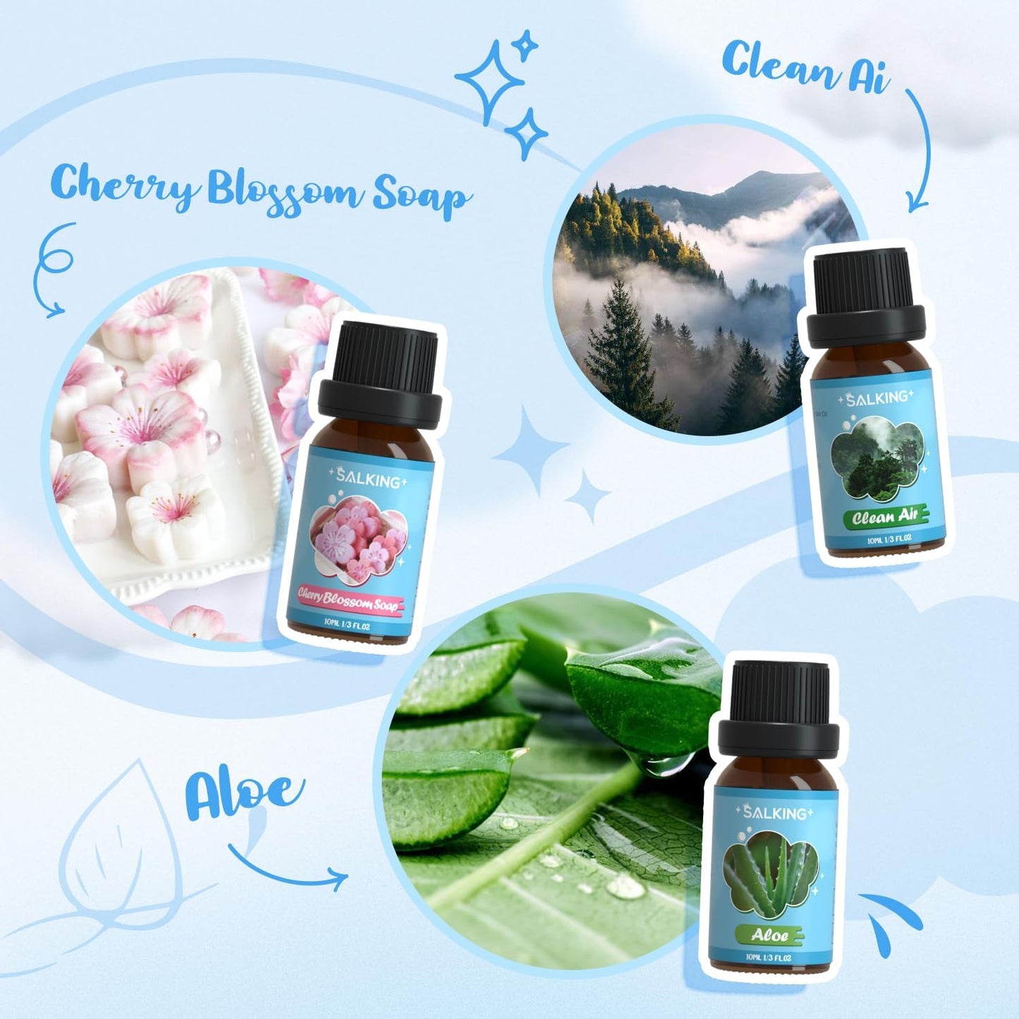 SALKING Floral Essential Oils Set, Premium Pure and Natural Essential Oils, Fragrance Oil Scented Oils for Oil Diffusers 6 x 10 ML - Lavender, Rose, Jasmine, Cherry Blossom, Gardenia, Chamomile