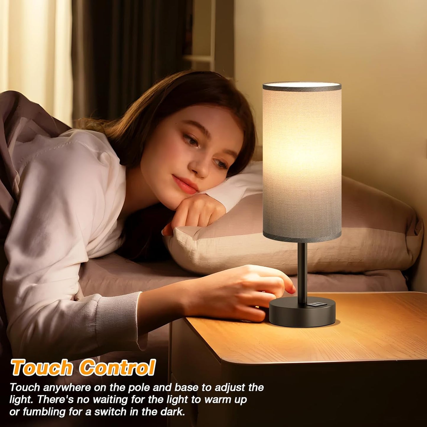 Dicoool Touch Bedside Table Lamp with USB - 3 Way Dimmable Wood Lamp for Bedroom Nightstand, Desk Lamp with Charging Station for Dorm, Living Room, Office, Kids Room, Small, 14in